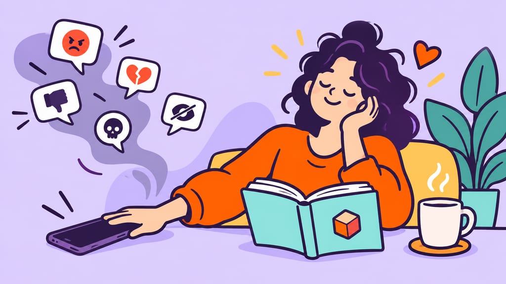 A cartoon adult sets a phone aside for a quiet break with a book and plant.