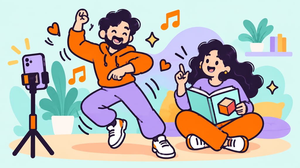 Cartoon adults dancing for a video and learning from a book bearing the Buzzoid emblem.