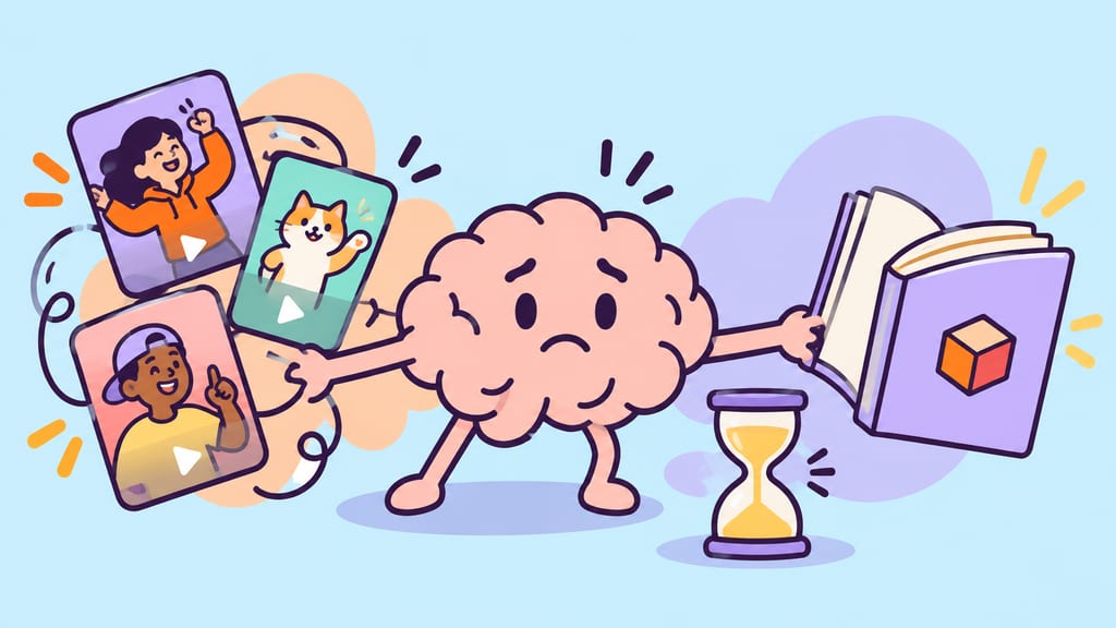 A brain-shaped cloud sits between short-video tiles, an open book and an hourglass.