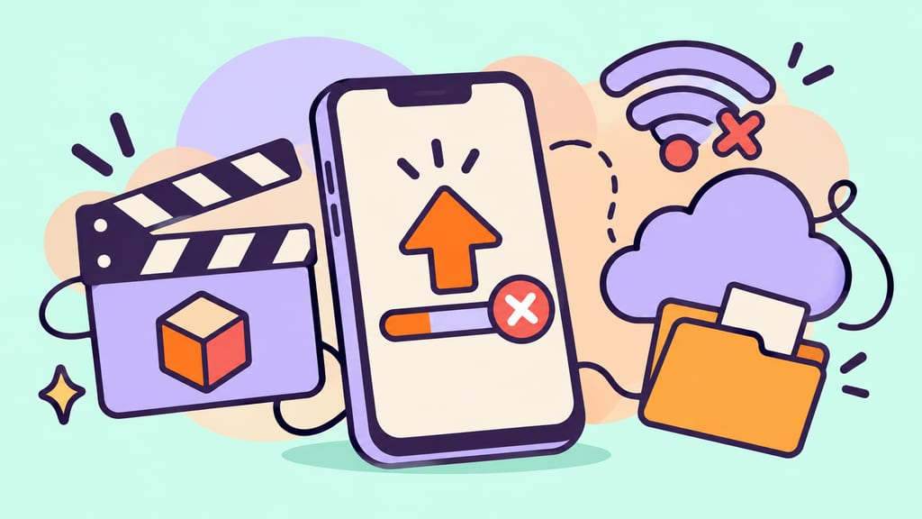 A video upload pauses between a clapperboard and cloud beside an interrupted Wi-Fi signal.