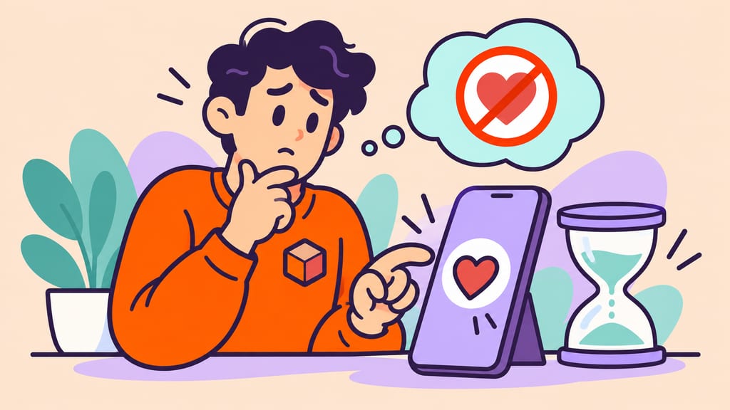 A cartoon adult pauses before liking a video, with an hourglass beside the phone.