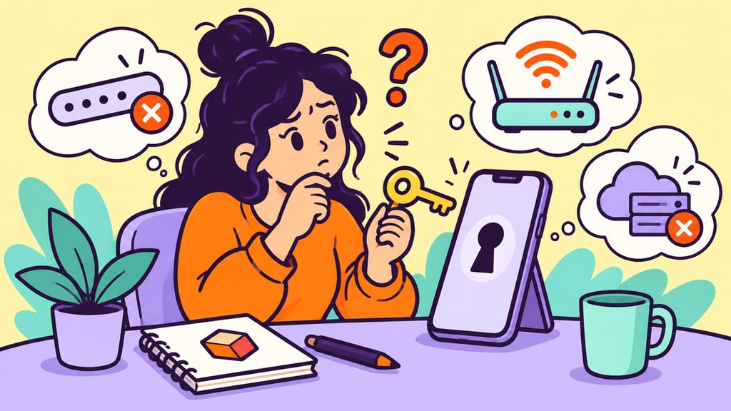 A cartoon adult checks a login key and Wi-Fi connection at a desk.